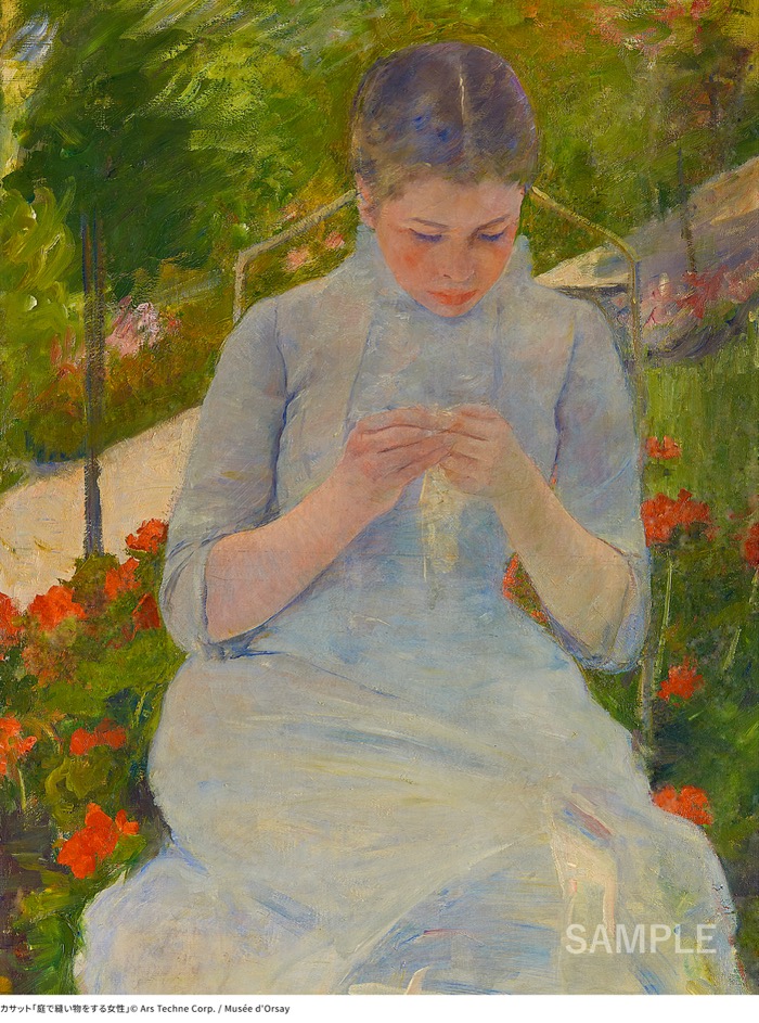 カサット「庭で縫い物をする女性」